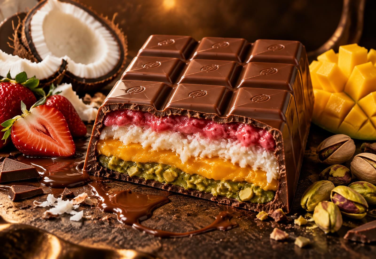 Tablette SUPERCHOCO au chocolat au lait ouverte sur quatre garnitures : fraise, coco, mangue et pistache
