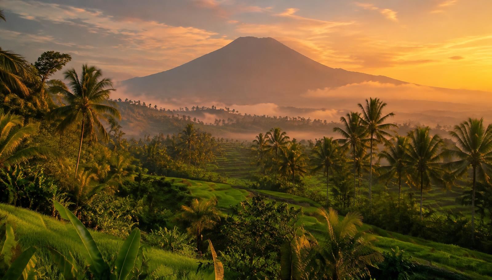 Paysage tropical indonésien au lever du soleil : rizières, palmiers et volcan